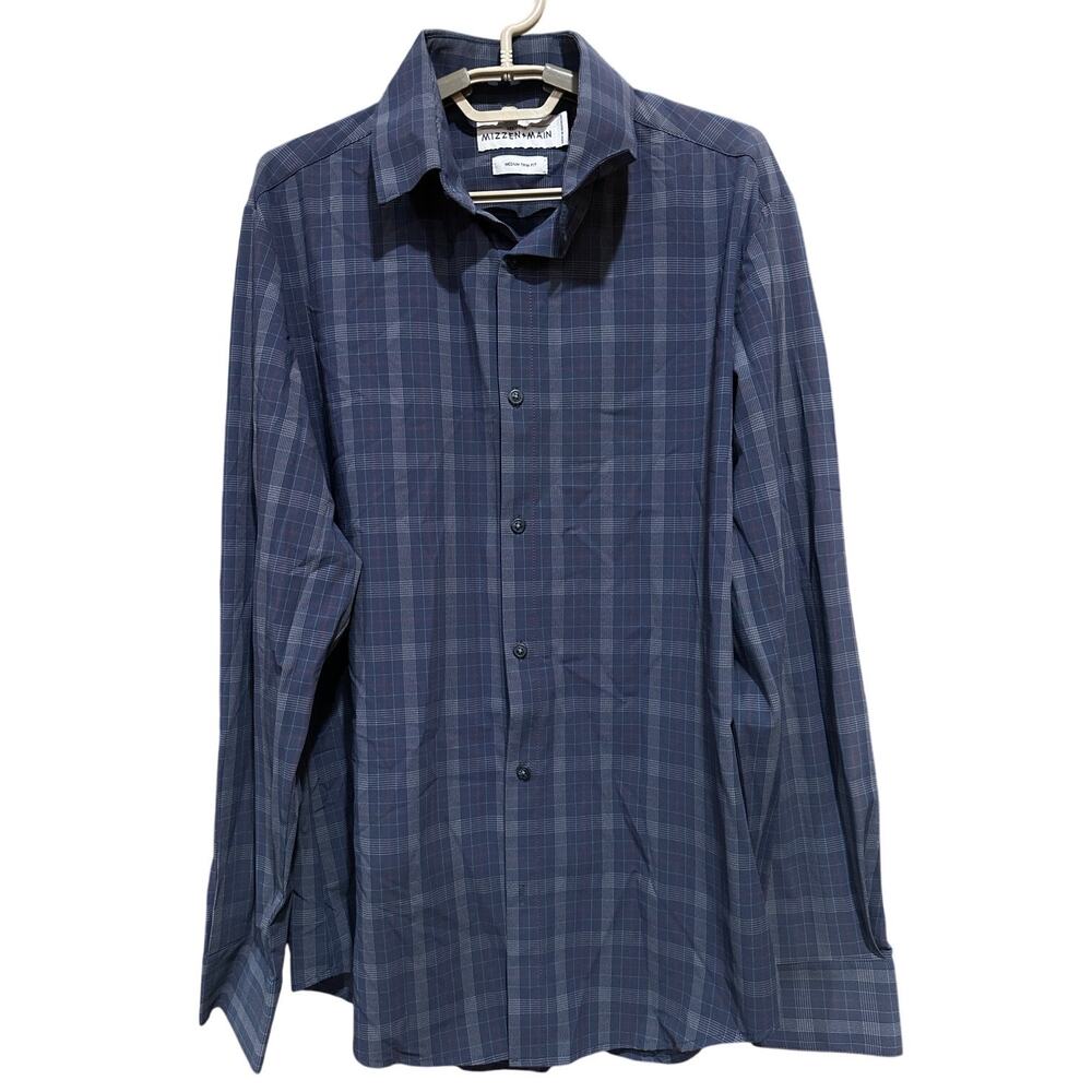 Mizzen Main Button Shirt M Blue White Red Plaid Trim Performance Professional